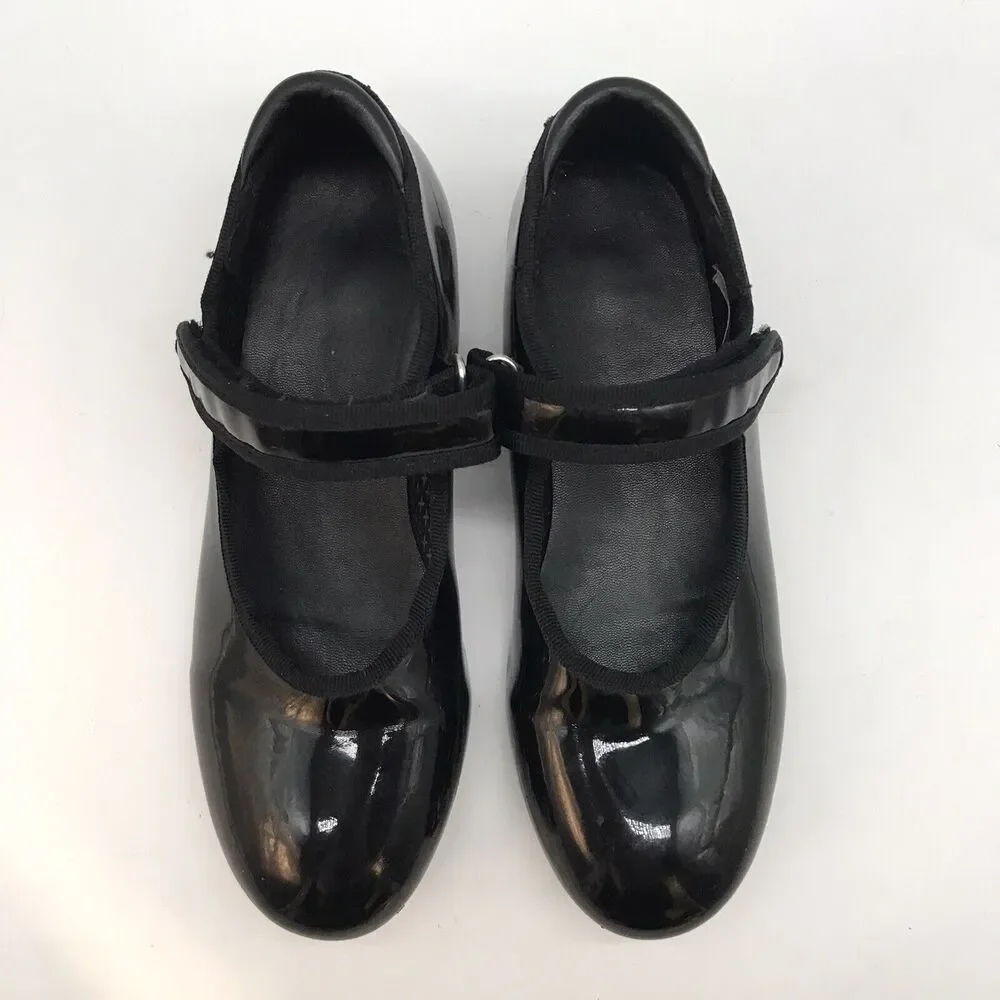 Danskin Freestyle Tap Dance Shoes Girls 13 Black Patent Leather Hook Loop Strap